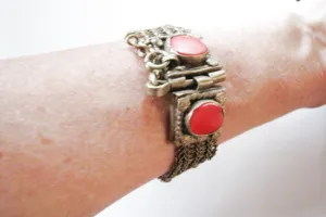 Old Large Metal Mesh Bedouin Bracelet with Red Glass from the Arabian Peninsula