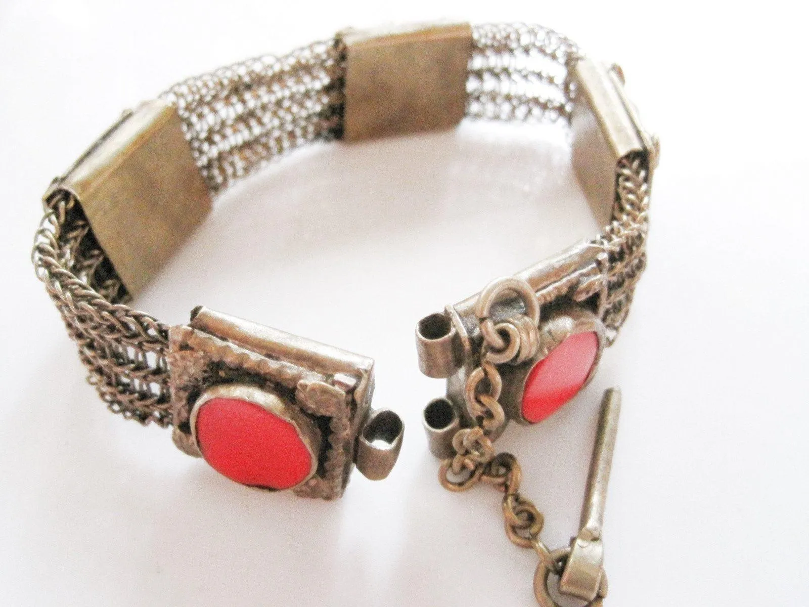 Old Large Metal Mesh Bedouin Bracelet with Red Glass from the Arabian Peninsula