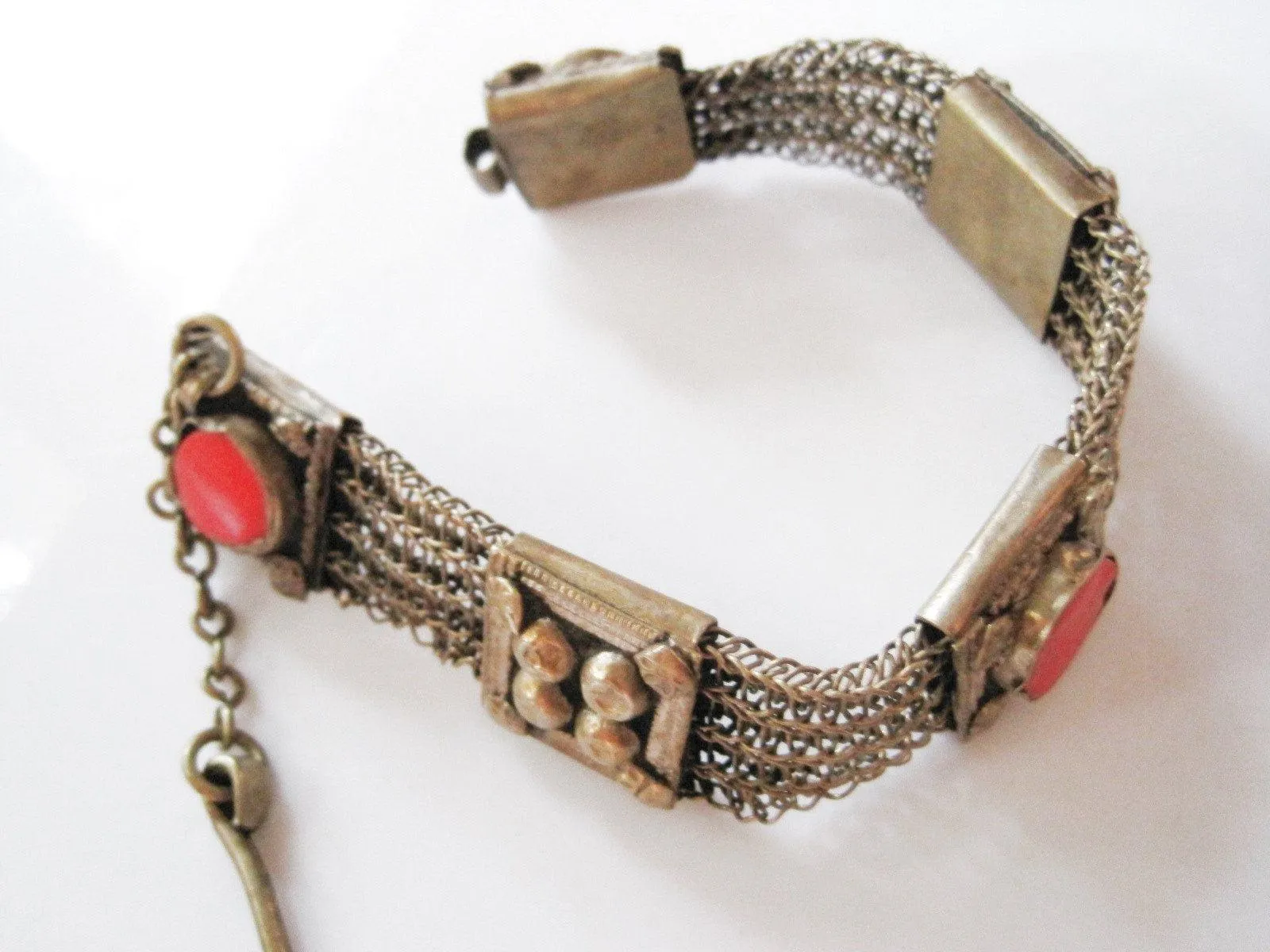 Old Large Metal Mesh Bedouin Bracelet with Red Glass from the Arabian Peninsula