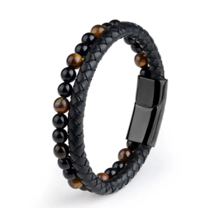 Personalized Volcanic Natural Stone Agate Tiger Eye Bracelet Stainless Steel Beaded Leather Rope Men's and Women's Bracelet