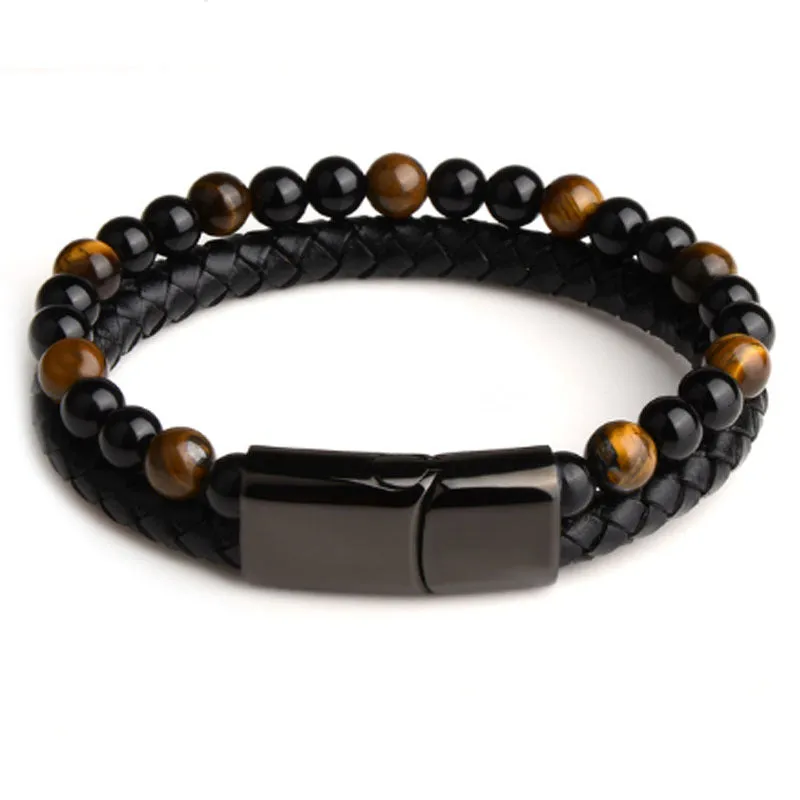 Personalized Volcanic Natural Stone Agate Tiger Eye Bracelet Stainless Steel Beaded Leather Rope Men's and Women's Bracelet