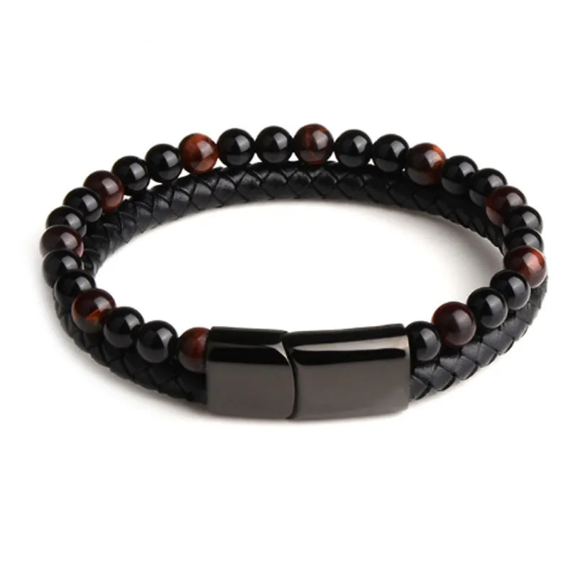 Personalized Volcanic Natural Stone Agate Tiger Eye Bracelet Stainless Steel Beaded Leather Rope Men's and Women's Bracelet