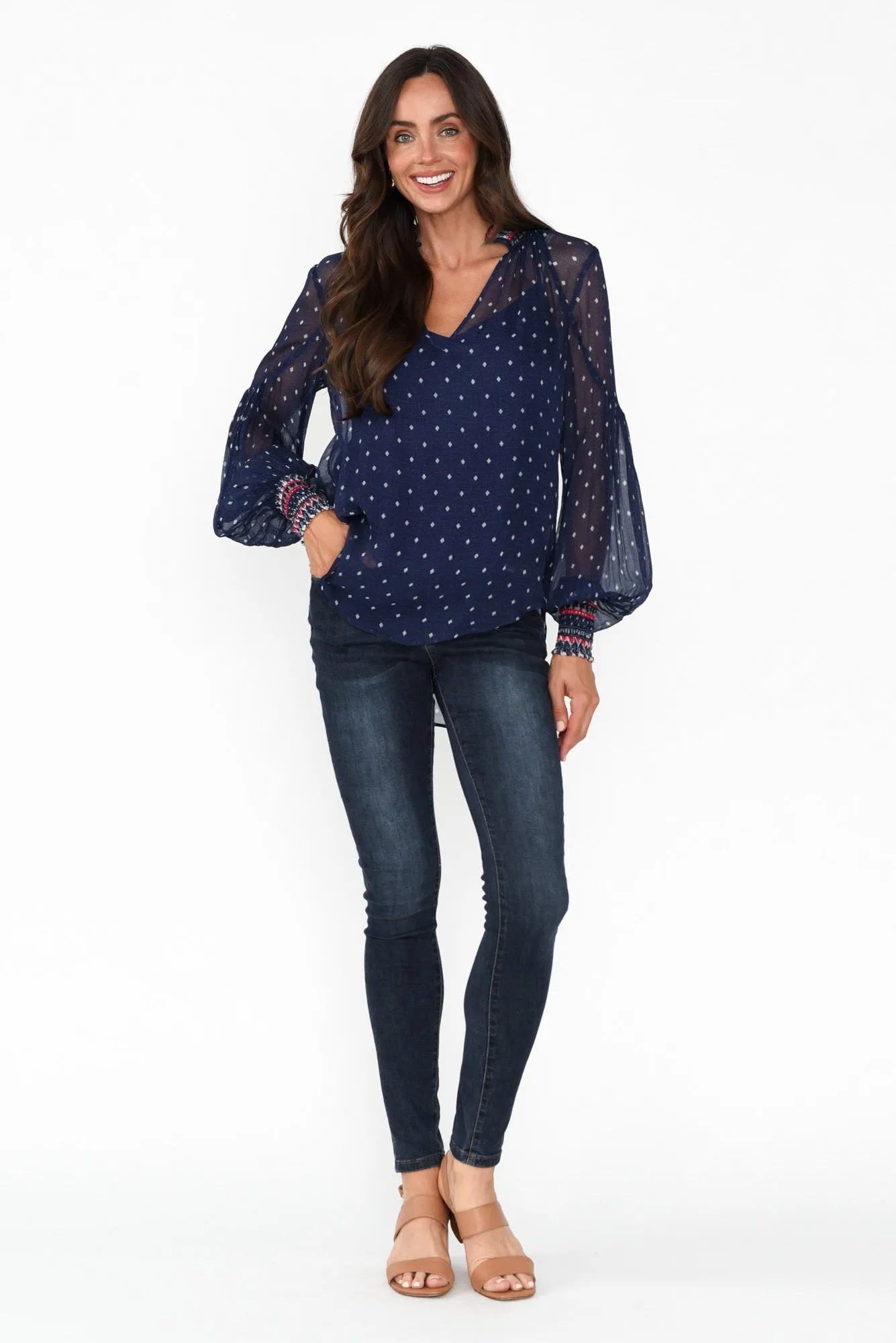 Phoenix Lapis Spot Shirred Blouse