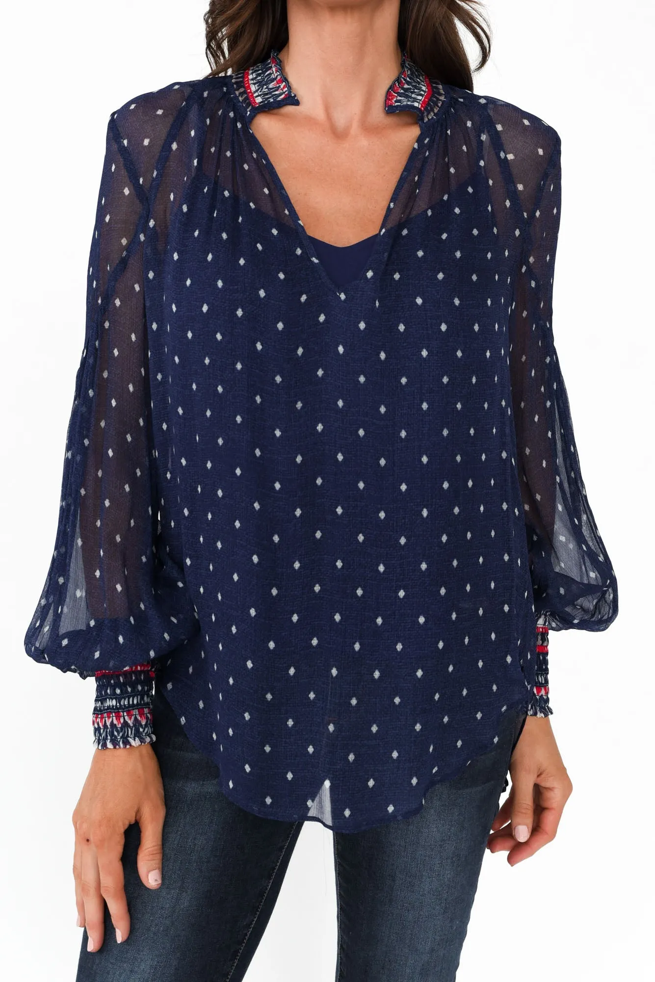 Phoenix Lapis Spot Shirred Blouse