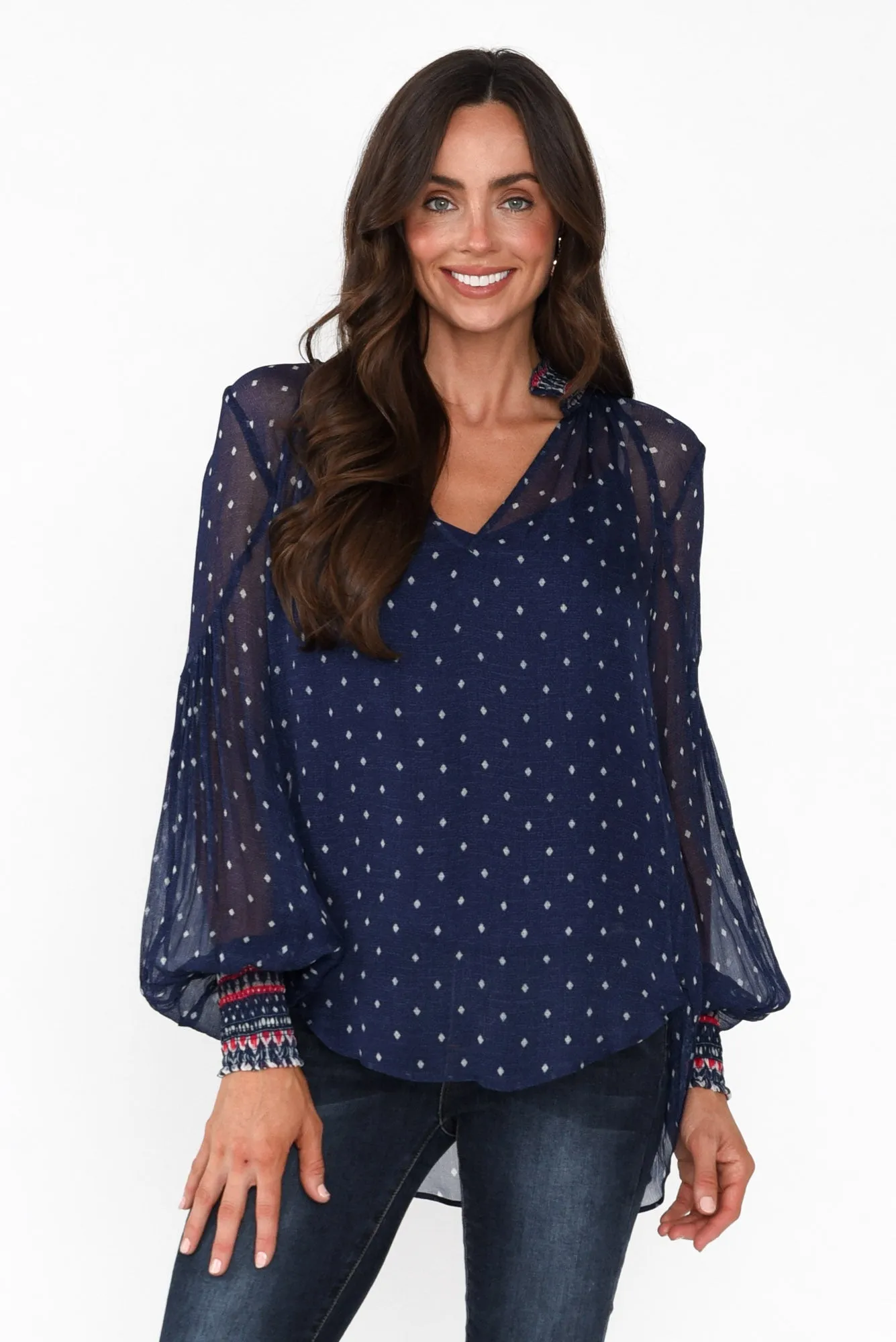 Phoenix Lapis Spot Shirred Blouse