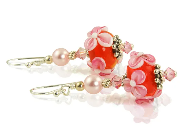 Pink Floral Lampwork Bead Earrings