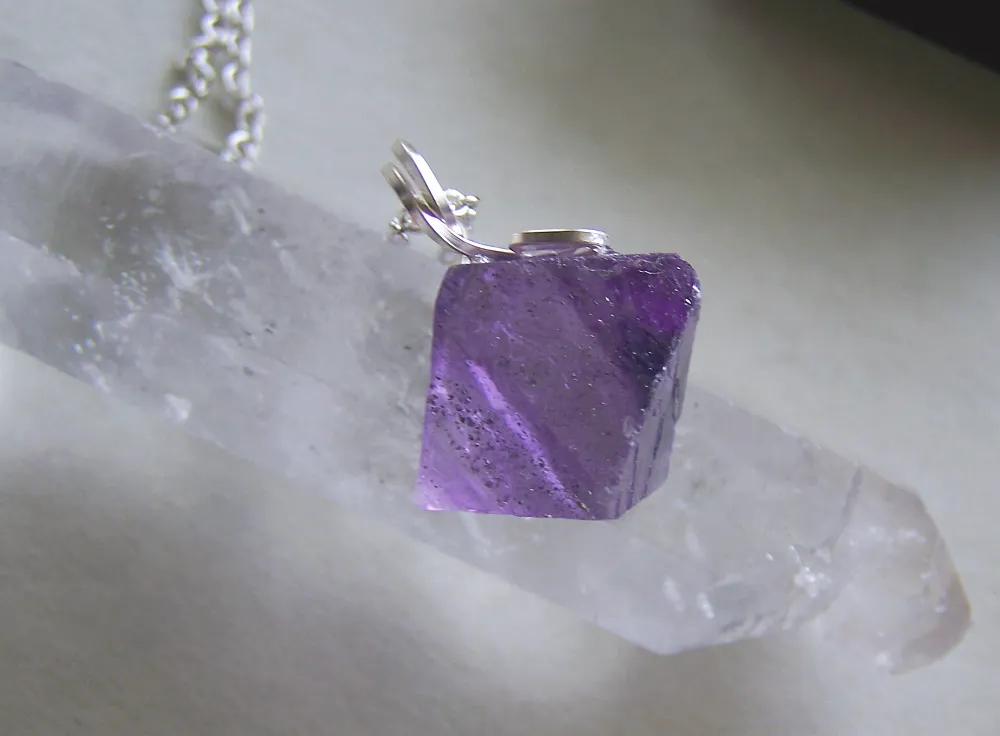 Purple Fluorite Octahedron Crystal Gemstone Pendant Necklace