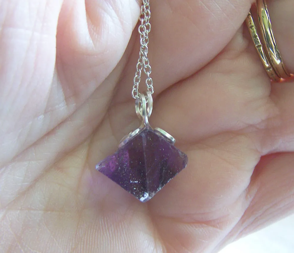 Purple Fluorite Octahedron Crystal Gemstone Pendant Necklace