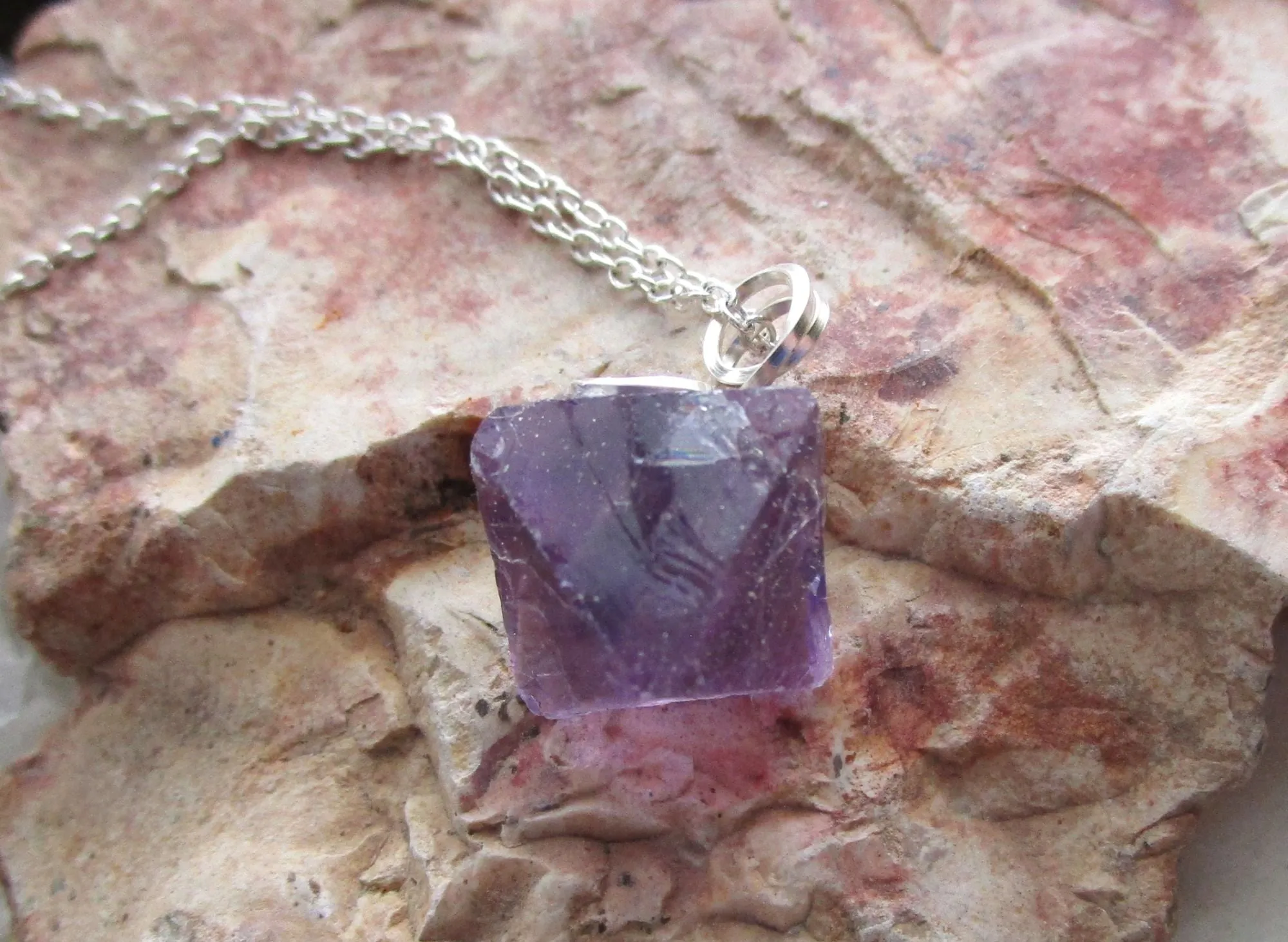 Purple Fluorite Octahedron Crystal Gemstone Pendant Necklace