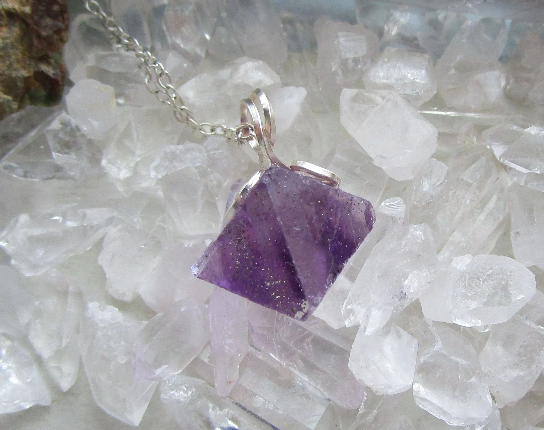 Purple Fluorite Octahedron Crystal Gemstone Pendant Necklace