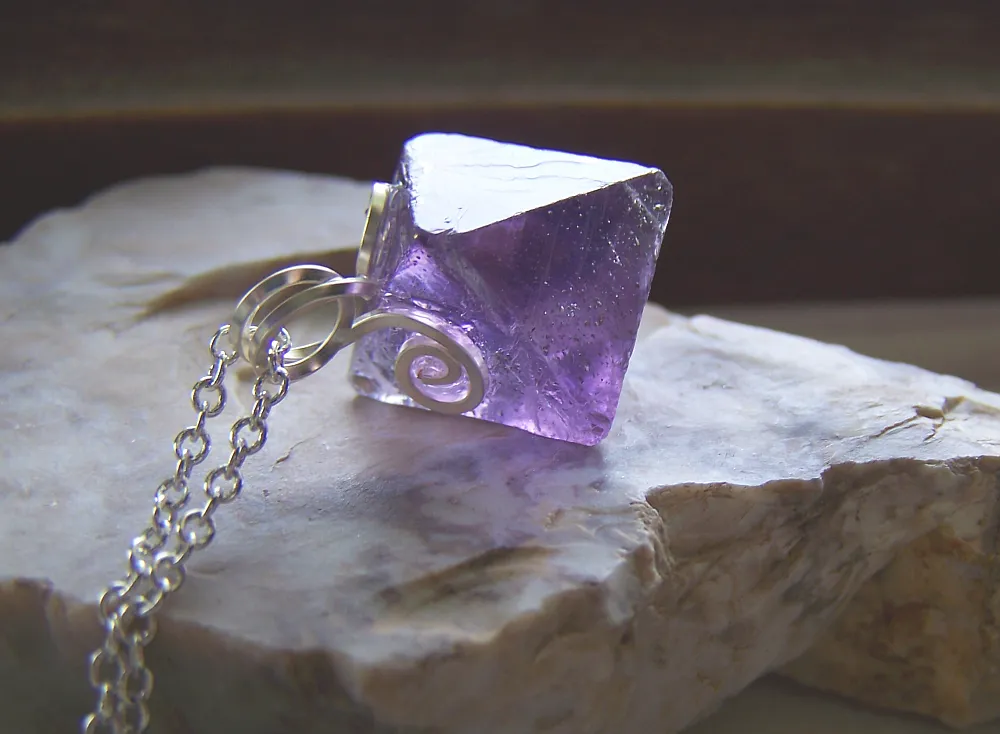 Purple Fluorite Octahedron Crystal Gemstone Pendant Necklace