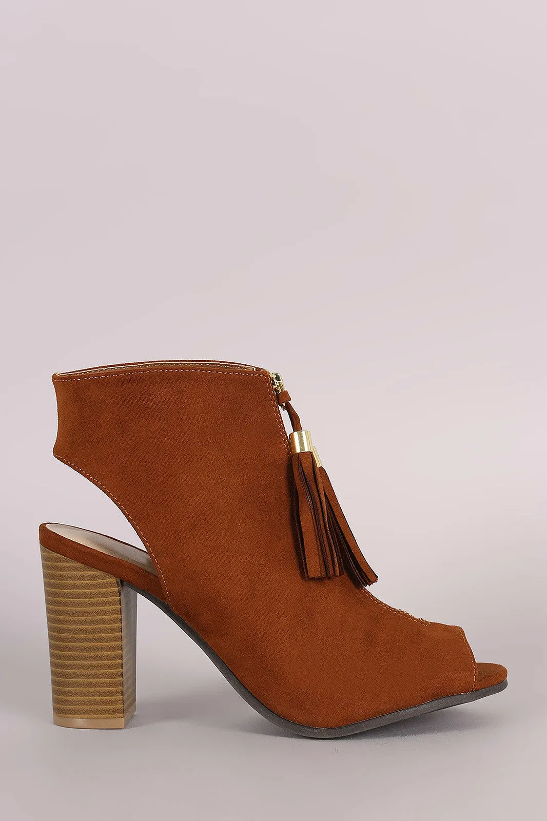 Qupid Tassel Front Zip-Up Chunky Heeled Mule Booties