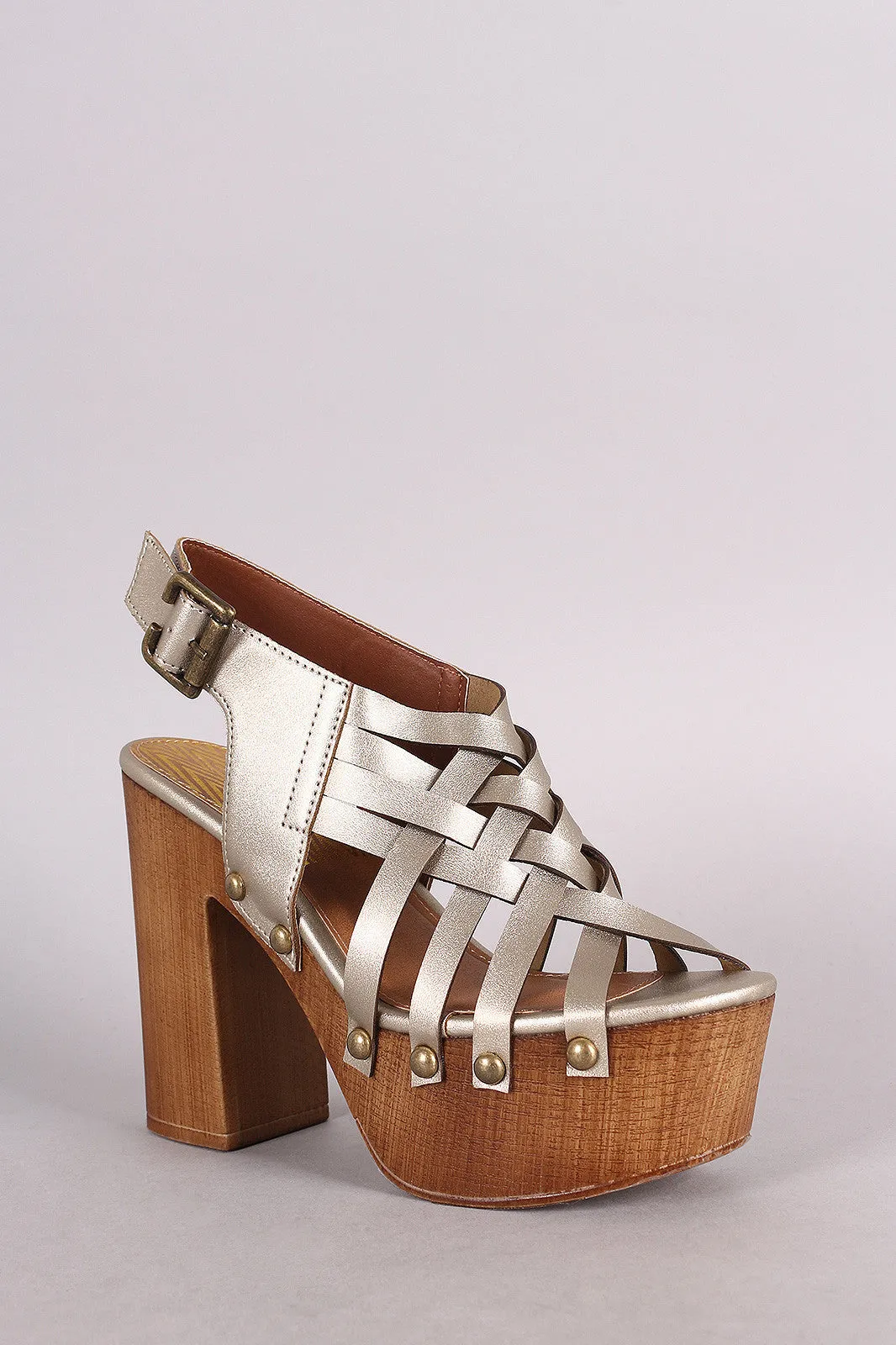 Qupid Woven Strappy Chunky Wooden Platform Heel