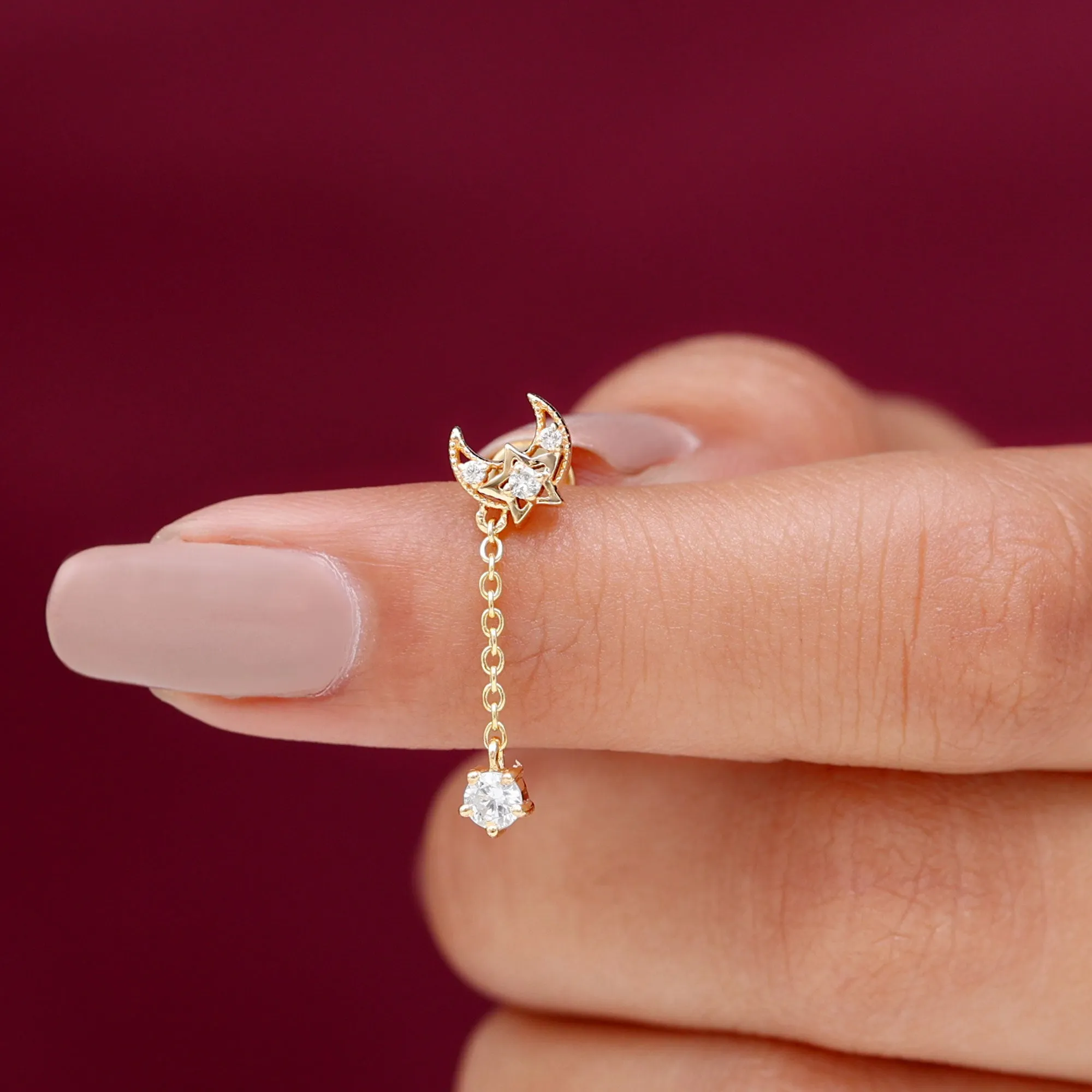 Real Diamond Celestial Moon Chain Drop Earring