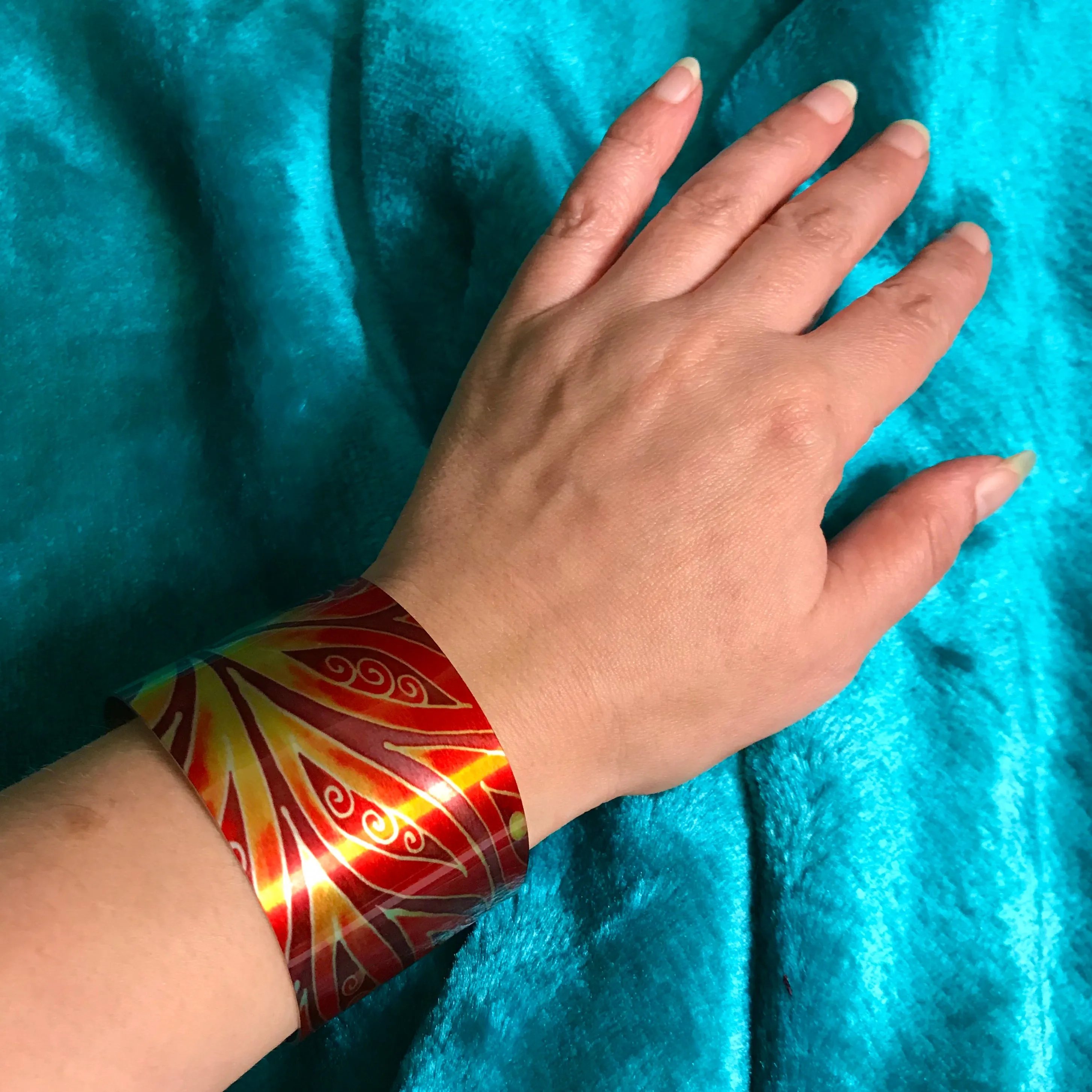 Red Yellow Cuff Bracelet - Swirl Comtemporary Bracelet - easy wear lightweight aluminium.