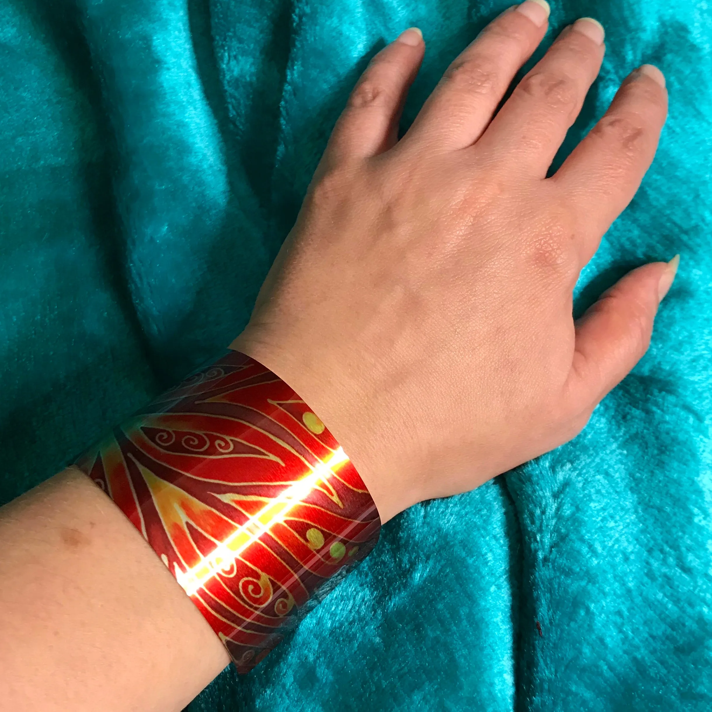 Red Yellow Cuff Bracelet - Swirl Comtemporary Bracelet - easy wear lightweight aluminium.