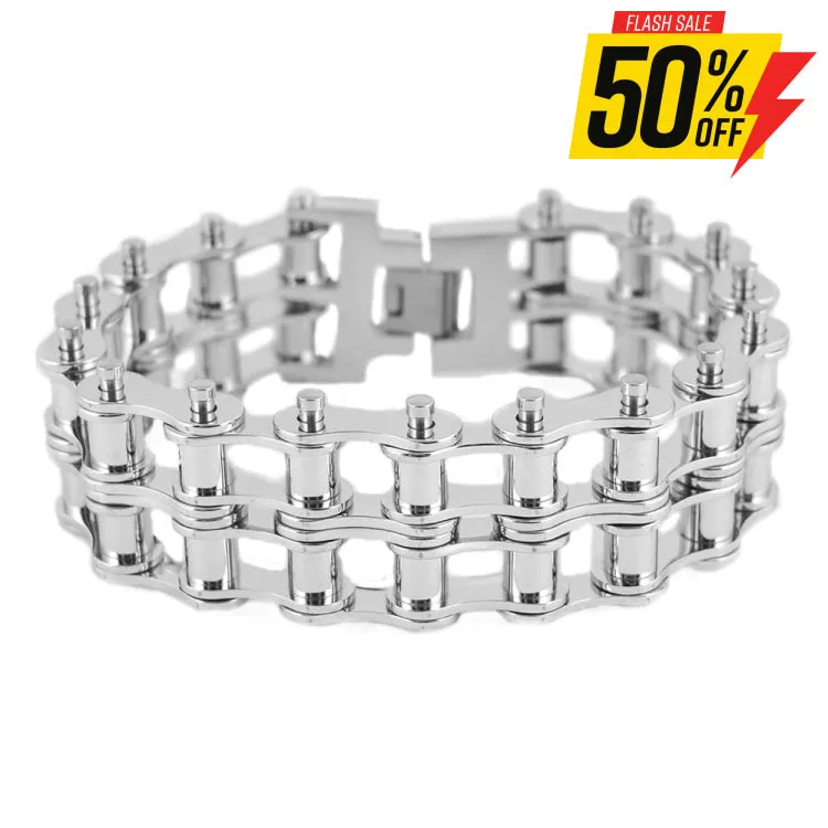 SK1851 1" Wide All Silver Tone New Drive Chain Design Double Roller Design Stainless Steel Motorcycle Chain Bracelet