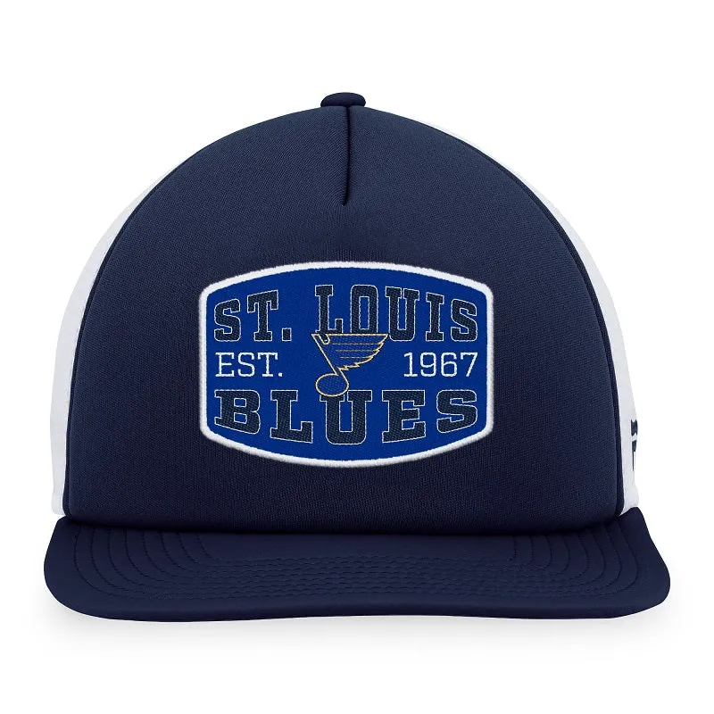 ST. LOUIS BLUES FANATICS MESH PATCH FOAM SNAPBACK HAT - NAVY/WHITE