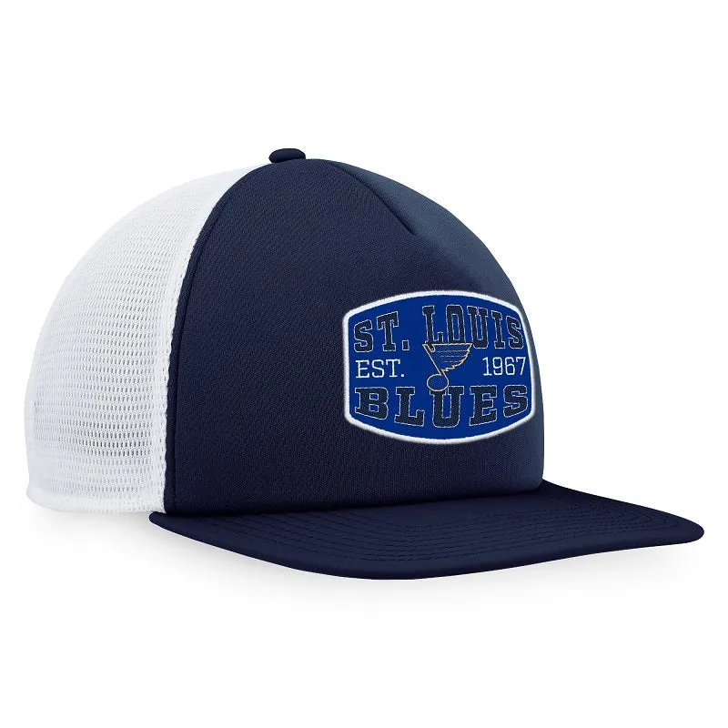 ST. LOUIS BLUES FANATICS MESH PATCH FOAM SNAPBACK HAT - NAVY/WHITE