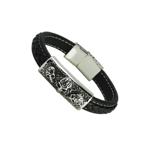 Stainless Steel Skull ID Tag Leather Bracelet With Magnetic Clasp