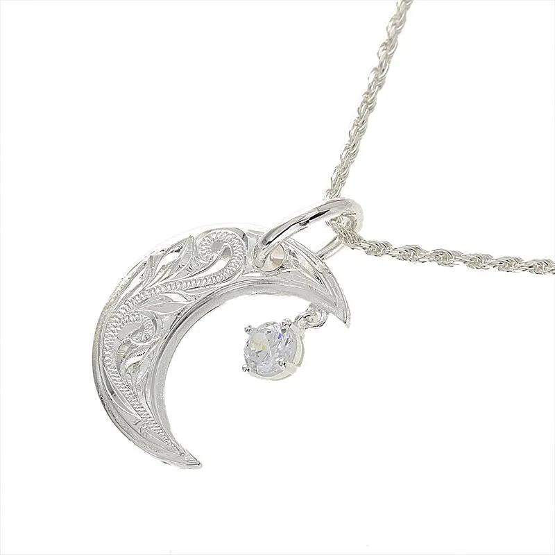 Sterling Silver Hawaiian Scroll Crescent Moon with CZ Pendant (Chain Sold Separately)