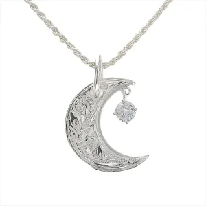 Sterling Silver Hawaiian Scroll Crescent Moon with CZ Pendant (Chain Sold Separately)