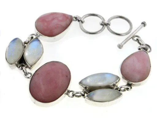 Sterling Silver Pink Opal w/ Rainbow Moonstone Bracelet