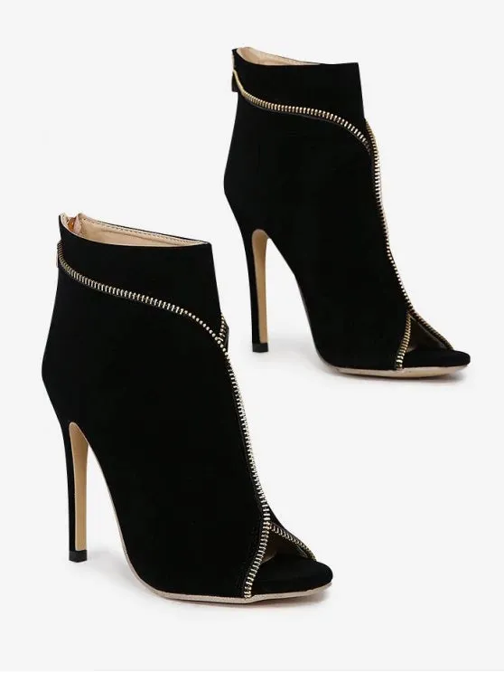 Stunning Zip Embellished Peep Toe Stiletto Heel Boots