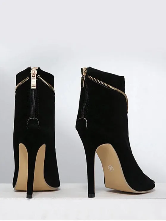 Stunning Zip Embellished Peep Toe Stiletto Heel Boots