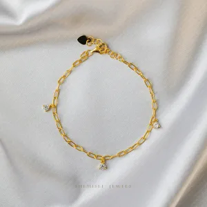 Tiny Paper Clip Chain With 3 Stones Bracelet, Unisex, Gold, Silver (6.5"   1”) SHEMISLI - SB004