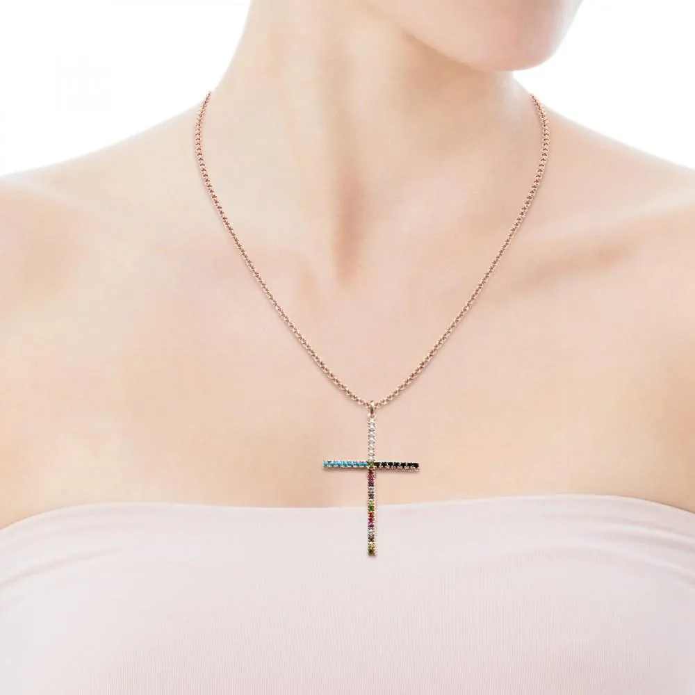 Tous Rose Gold Vermeil Straight cross Pendant with Gemstones 912724510