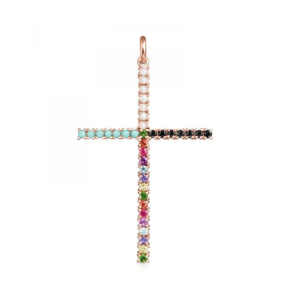 Tous Rose Gold Vermeil Straight cross Pendant with Gemstones 912724510