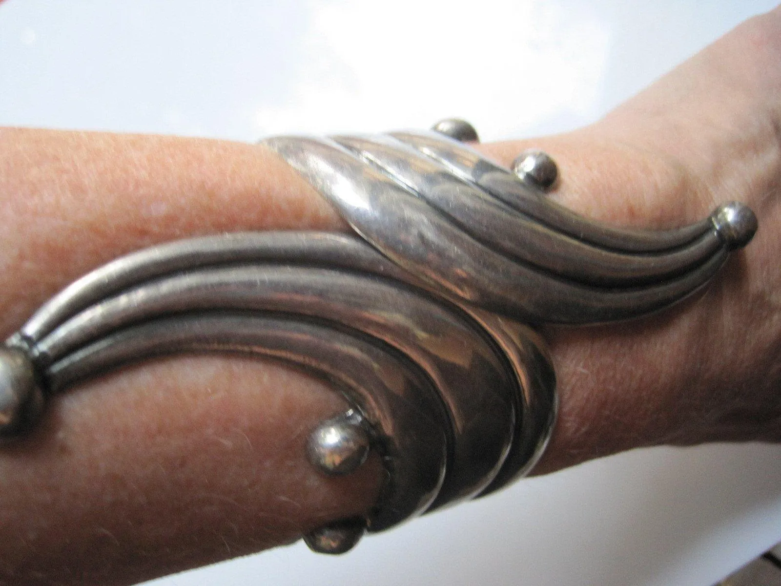 Vintage Small Mexican Sterling Silver Clamper Bracelet - Mid Century Spring Hinged Bracelet