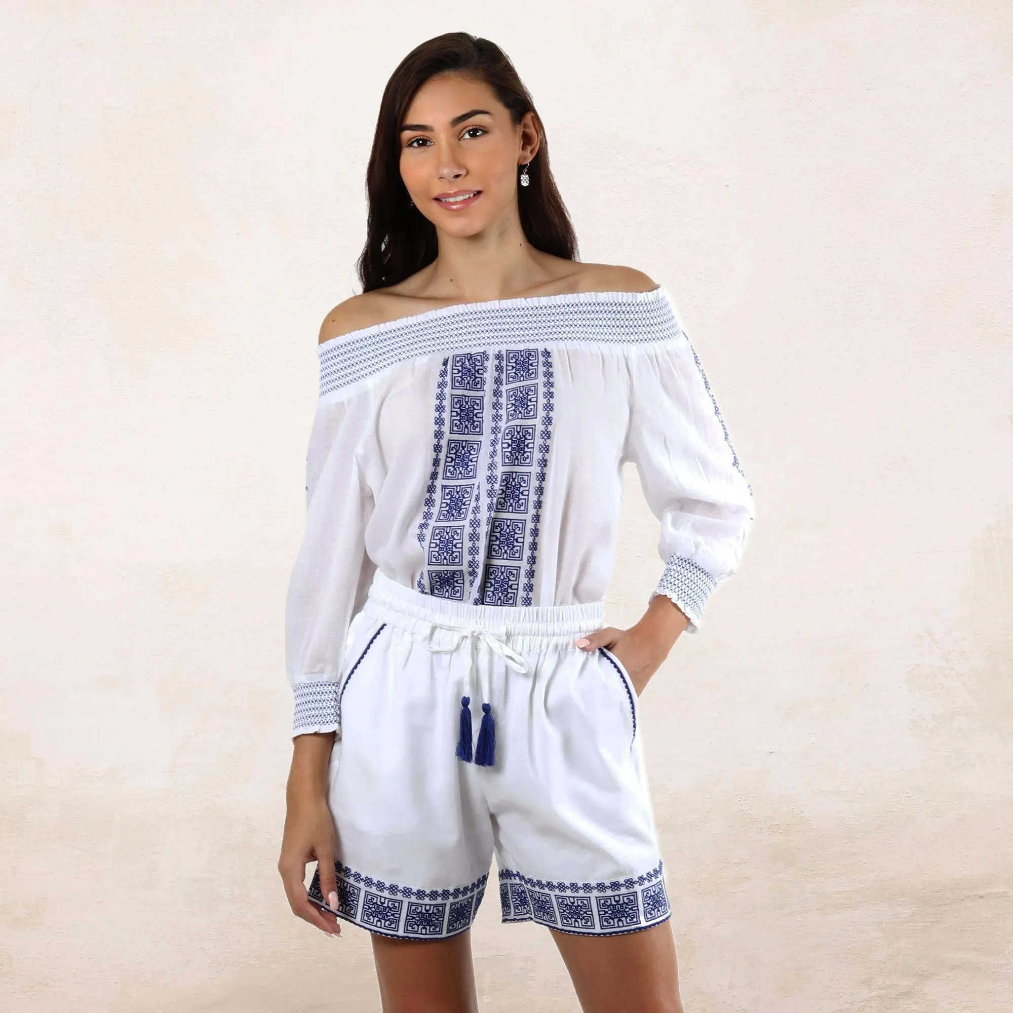 White Cotton Shorts with Geometric Embroidery in Lapis - Moroccan Summer | NOVICA