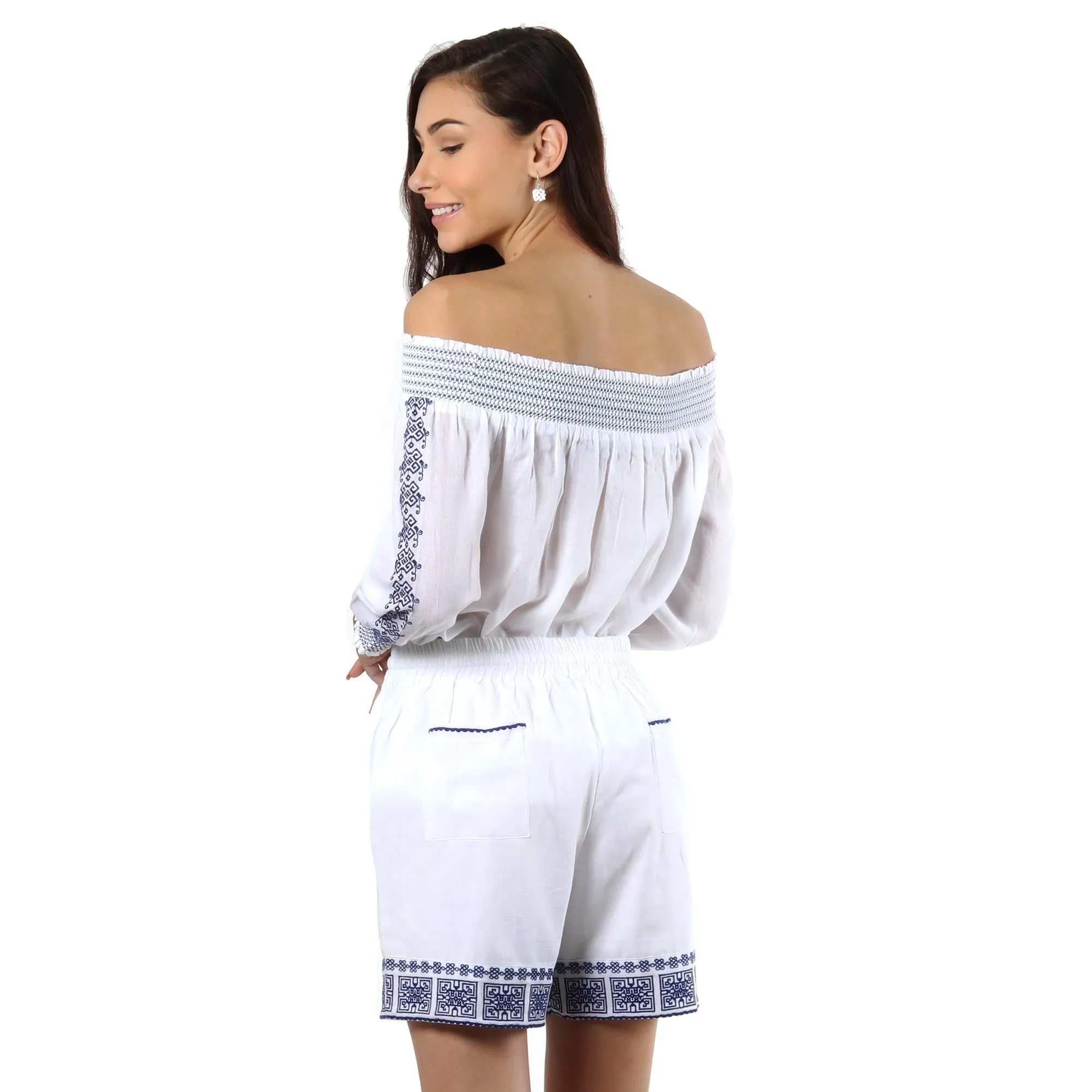 White Cotton Shorts with Geometric Embroidery in Lapis - Moroccan Summer | NOVICA