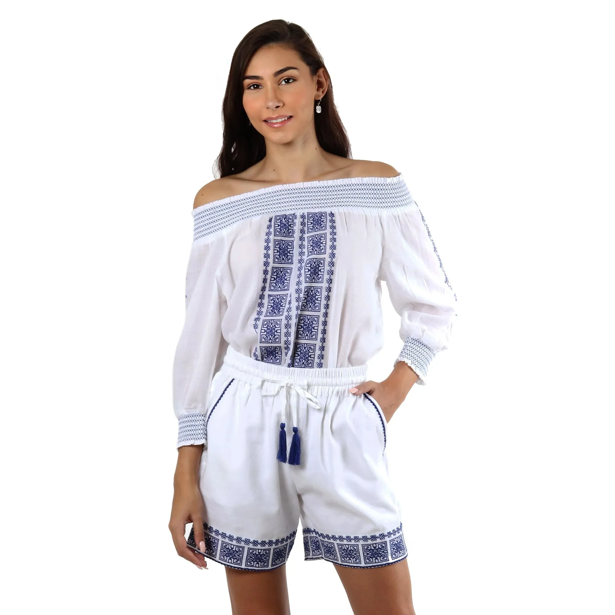 White Cotton Shorts with Geometric Embroidery in Lapis - Moroccan Summer | NOVICA