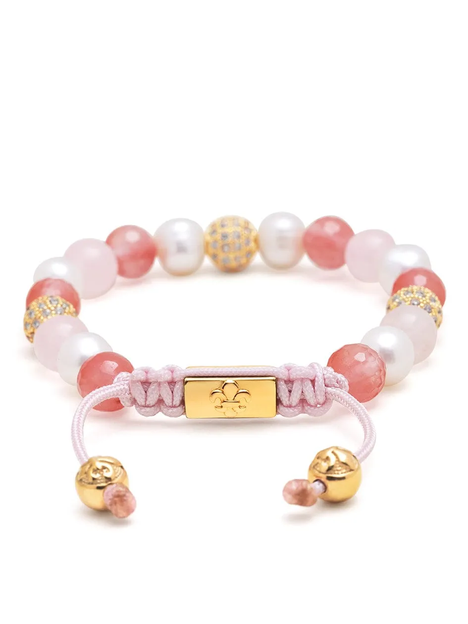 Women's Beaded Bracelet with Pearl, Rose Quartz, Cherry Quartz and Gold