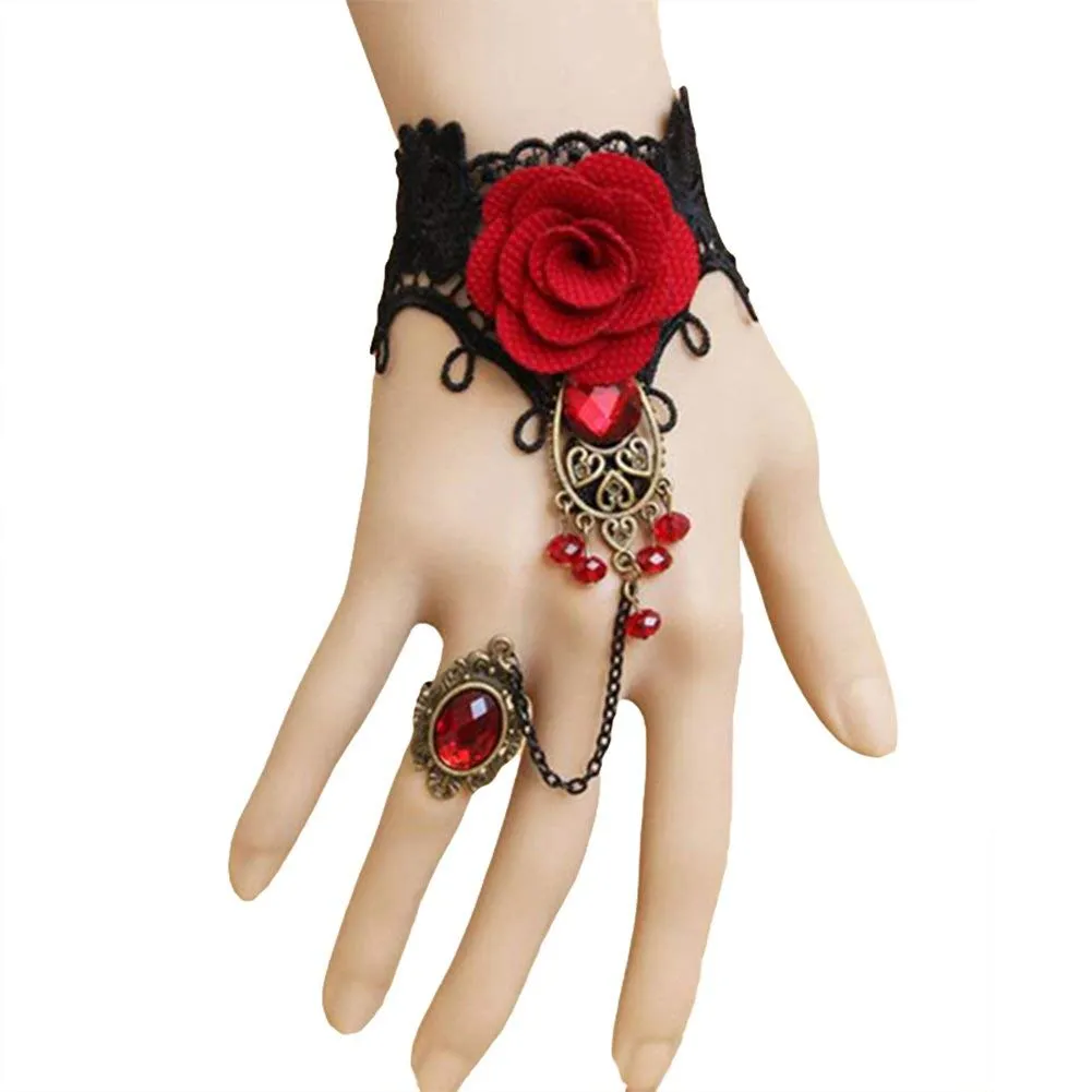 Yellow Chimes Designer Collection Gothic Red Black Rose Lace Hand Harness with Adjustable Finger Ring Charm Bracelet for Women and Girls