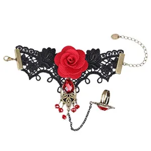 Yellow Chimes Designer Collection Gothic Red Black Rose Lace Hand Harness with Adjustable Finger Ring Charm Bracelet for Women and Girls