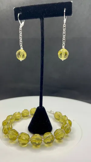 Yellow large glass beads with silver wrap bracelet and chain earrings